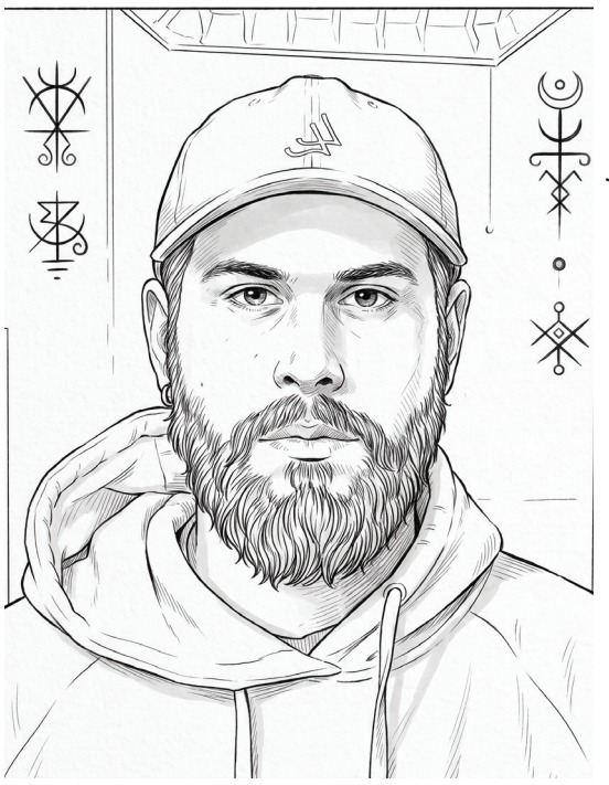 Retrato ilustrado de Pietro Vinícius Kuchockowolec Baccin diante de um portal coberto de símbolos