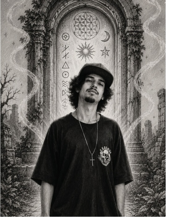 Retrato ilustrado de Will Souza diante de um portal coberto de símbolos