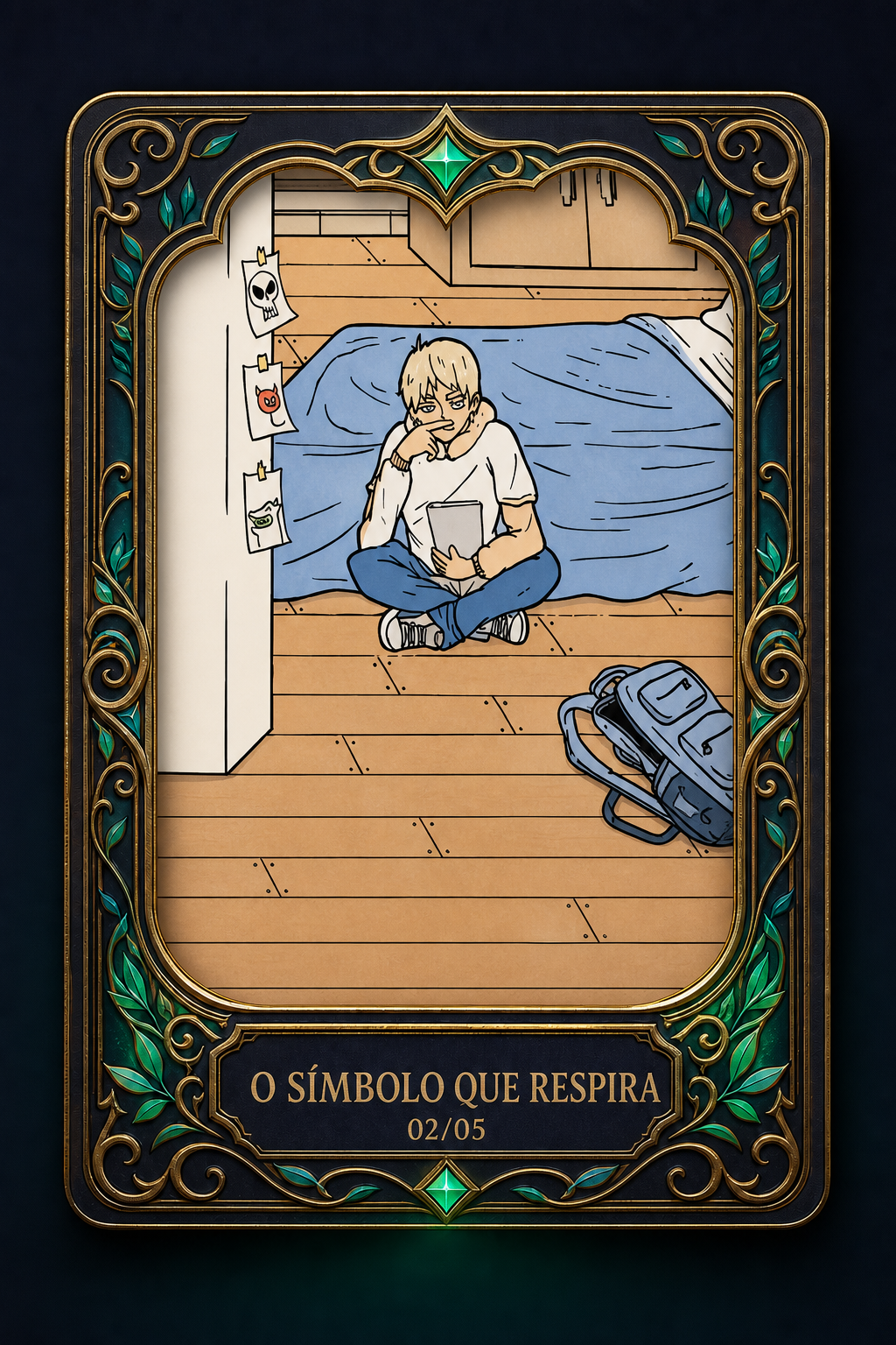 Carta 02 de 05, O Símbolo que Respira: ilustração em moldura dourada e esmeralda do jovem sentado no chão do quarto observando a tábua coberta de símbolos.