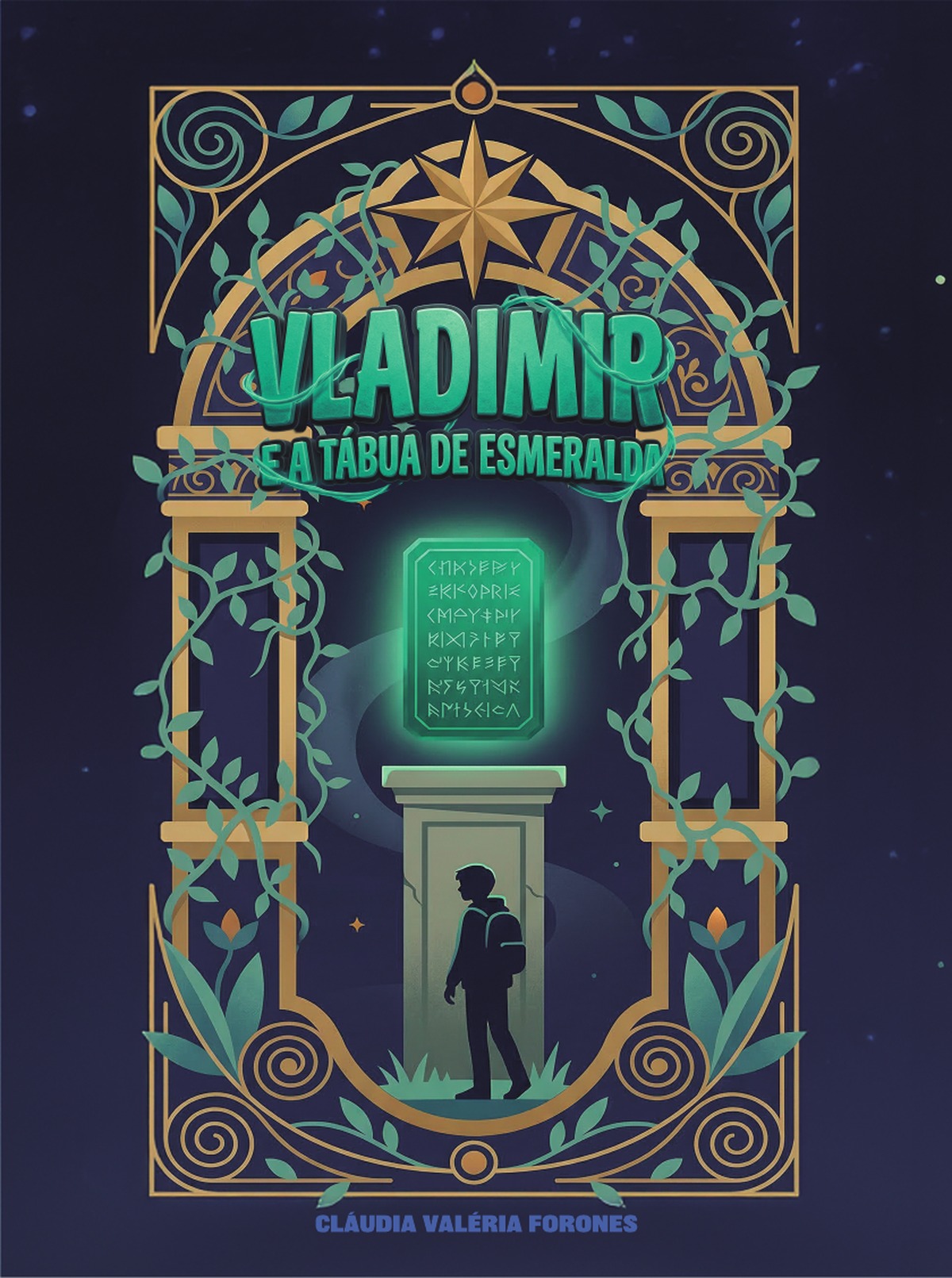 Capa do livro Vladimir e a Tábua de Esmeralda: portal dourado com vinhas, tábua de esmeralda luminosa e a silhueta de um jovem atravessando a passagem.