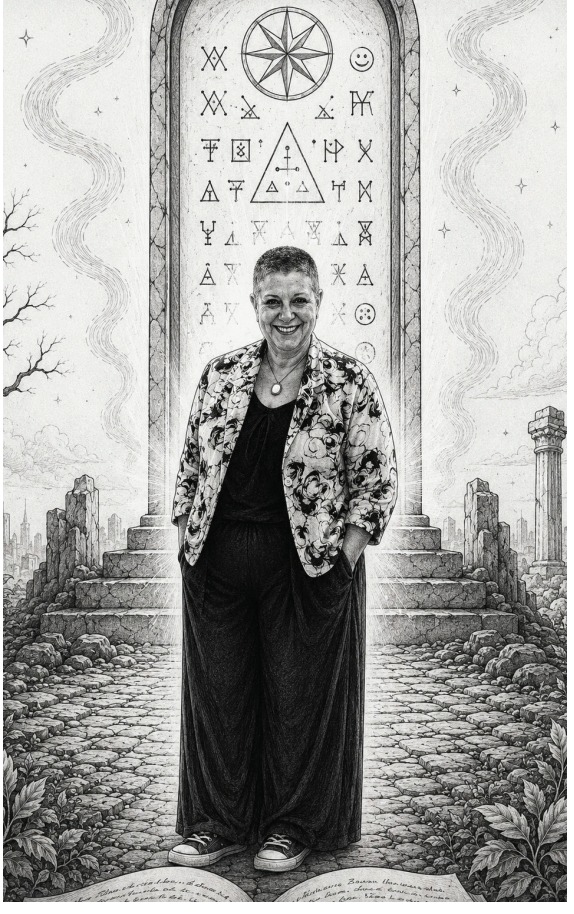Retrato ilustrado de Cláudia Valéria Forones diante de um portal coberto de símbolos