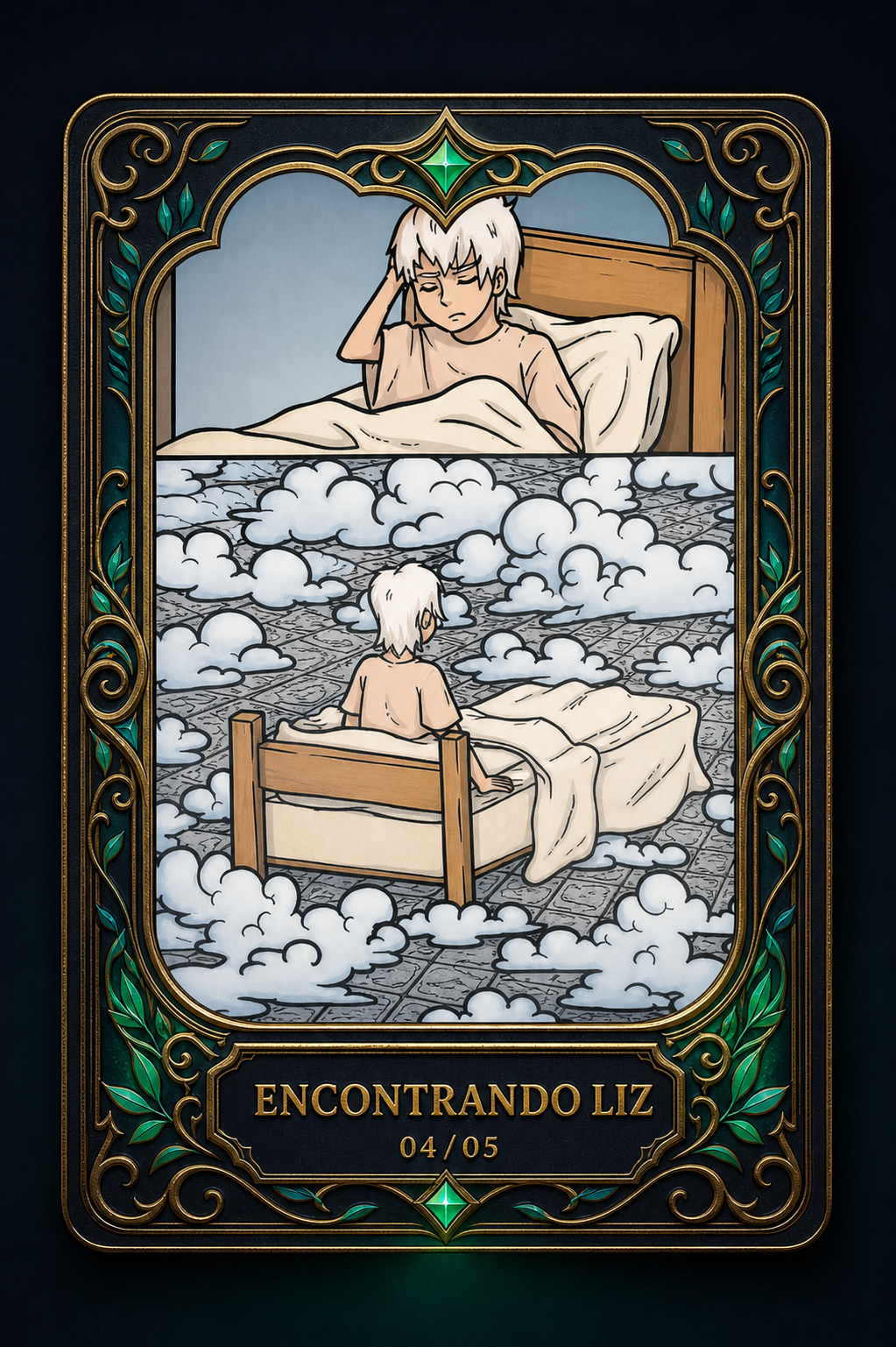 Carta 04 de 05, Encontrando Liz: ilustração em moldura dourada e esmeralda do jovem despertando em uma cama flutuante sobre um mar de nuvens.